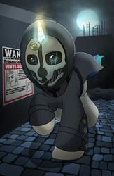 Size: 722x1107 | Tagged: safe, artist:drawponies, character:dj pon-3, character:vinyl scratch, species:pony, species:unicorn, g4, cloak, clothing, corvo attano, crossover, dishonored, full moon, mask, moon, night, wanted poster