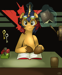Size: 1038x1264 | Tagged: safe, artist:meggchan, oc, oc:electric spark, species:pony, species:unicorn, crossover, goggles, papers please
