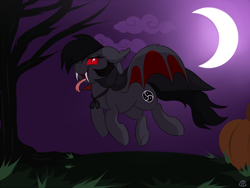 Size: 1500x1125 | Tagged: safe, artist:meggchan, oc, oc only, oc:qetesh, species:bat pony, species:pony, cape, clothing, costume, crescent moon, fake teeth, fangs, flying, halloween, moon, night, pumpkin, tongue out, vampire