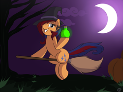 Size: 1500x1125 | Tagged: safe, artist:meggchan, oc, oc only, oc:sweet voltage, broom, clothing, cloud, crescent moon, dead tree, flying, flying broomstick, hair over one eye, halloween, hat, lidded eyes, looking at you, moon, night, potion, pumpkin, sitting, smiling, solo, tree, witch hat