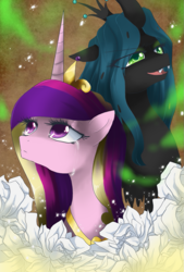 Size: 879x1300 | Tagged: safe, alternate version, artist:loyaldis, character:princess cadance, character:queen chrysalis, species:alicorn, species:changeling, species:pony, bust, changeling queen, female