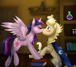 Size: 2800x2500 | Tagged: safe, artist:jitterbugjive, character:star swirl the bearded, character:twilight sparkle, character:twilight sparkle (alicorn), species:alicorn, species:pony, ship:twiswirl, female, kissing, male, mare, shipping, straight, younger