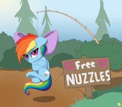 Size: 2400x2100 | Tagged: safe, artist:captainpudgemuffin, character:rainbow dash, species:pegasus, species:pony, bait, bow, bronybait, cute, dashabetes, female, fishing rod, floppy ears, hair bow, it's a trap, sign, solo, tree, unamused, weapons-grade cute