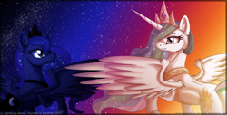 Size: 900x458 | Tagged: safe, artist:inuhoshi-to-darkpen, character:princess celestia, character:princess luna, species:alicorn, species:pony, female, mare
