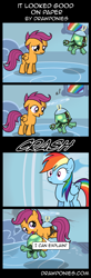 Size: 850x2600 | Tagged: safe, artist:drawponies, character:rainbow dash, character:scootaloo, character:tank, species:pegasus, species:pony, caught, cloudsdale, comic, flying, goggles, helicopter, missing wing, scootaloo can't fly