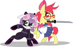 Size: 3578x2300 | Tagged: safe, artist:xebck, character:apple bloom, character:sweetie belle, alternate hairstyle, cat ears, catwoman, clothing, costume, glasses, katana, mask, mouth hold, sailor uniform, sailor v, simple background, superhero, sword, transparent background, vector, weapon