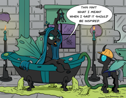 Size: 1575x1225 | Tagged: safe, artist:pony-berserker, character:queen chrysalis, oc, oc:berzie, species:changeling, bath, bathroom, bathtub, candle, changeling oc, changeling queen, clothing, duo, female, hard hat, hat, hose, i can't believe it's not idw, male, open mouth, you had one job