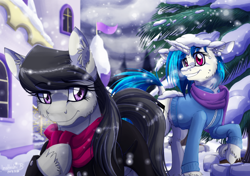 Size: 900x635 | Tagged: safe, artist:inuhoshi-to-darkpen, character:dj pon-3, character:octavia melody, character:vinyl scratch, species:earth pony, species:pony, species:unicorn, ship:scratchtavia, g4, cheek fluff, clothing, ear fluff, female, floppy ears, fluffy, frown, grin, jacket, leg fluff, lesbian, mare, raised hoof, scarf, shipping, smiling, snow, snowfall, unshorn fetlocks, winter