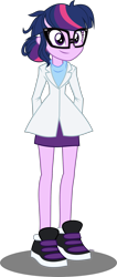 Size: 1026x2410 | Tagged: safe, artist:xebck, character:twilight sparkle, character:twilight sparkle (scitwi), species:eqg human, equestria girls:rainbow rocks, g4, my little pony: equestria girls, my little pony:equestria girls, adorkable, cute, dork, female, science, scientist, simple background, sneakers, solo, transparent background, twiabetes, vector