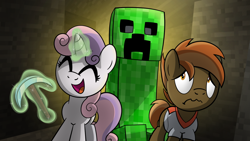Size: 1600x900 | Tagged: safe, artist:drawponies, character:button mash, character:sweetie belle, creeper, don't mine at night, female, jan animations, male, minecraft, shadyvox, shipping, straight, sweetiemash