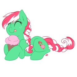 Size: 1280x1280 | Tagged: safe, artist:meggchan, oc, oc only, oc:peppermint chip, species:pony, blep, cute, eyes closed, female, freckles, happy, hoof hold, ice cream, ice cream cone, ocbetes, prone, smiling, solo, tongue out