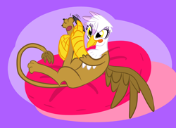 Size: 2338x1700 | Tagged: safe, artist:tess, character:gilda, species:griffon, beanbag chair, female, nail file, solo, tongue out