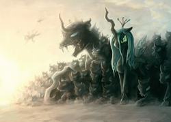 Size: 1750x1250 | Tagged: safe, artist:assasinmonkey, character:queen chrysalis, species:changeling, army, behemoth, changeling behemoth, changeling queen, epic, female, macro