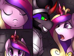Size: 1280x960 | Tagged: safe, artist:meggchan, character:king sombra, character:princess cadance, species:pony, comic:princess cadance x king sombra, ship:somdance, :o, comic, explicit source, eye contact, eyes closed, female, glare, grin, horn ring, magic suppression, male, open mouth, scared, shipping, smirk, straight, wide eyes