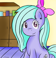 Size: 950x1000 | Tagged: safe, artist:freefraq, character:flitter, species:pegasus, species:pony, bow, female, hair bow, looking at you, mare, sitting, solo, tumblr, wingless