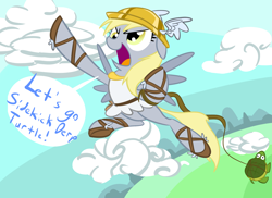 Size: 2338x1700 | Tagged: safe, artist:tess, character:derpy hooves, species:pegasus, species:pony, artifact, clothing, cloud, female, helmet, hermes, mare, solo, turtle