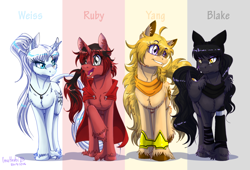 Size: 900x613 | Tagged: safe, artist:inuhoshi-to-darkpen, species:classical unicorn, blake belladonna, cape, cloak, clothing, jewelry, leonine tail, necklace, pendant, ponified, rooster teeth, ruby rose, rwby, simple background, smiling, talking, text, unshorn fetlocks, walking, weiss schnee, yang xiao long
