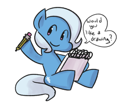Size: 1200x1011 | Tagged: dead source, safe, artist:fauxsquared, character:trixie, species:earth pony, species:pony, commission, dialogue, earth pony trixie, female, hoof hold, notebook, pencil, race swap, simple background, smiling, solo, speech bubble, transparent background, tumblr blog