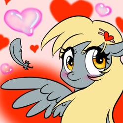 Size: 750x750 | Tagged: safe, artist:jitterbugjive, character:derpy hooves, species:pegasus, species:pony, blushing, cute, derpabetes, feather, female, heart, mare, solo