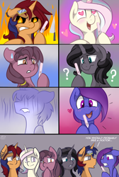 Size: 1500x2232 | Tagged: safe, artist:meggchan, oc, oc only, oc:electric spark, oc:pop candy, oc:purple skies, oc:star burst, oc:sweet voltage, oc:tricky, species:pony, species:unicorn, :o, angry, blushing, comic, confused, earring, elecstar, electricky, fear, floppy ears, frown, goggles, gritted teeth, heart, heart eyes, hoof hold, implied incest, implied testicular cancer, open mouth, piercing, popspark, pregnancy test, question mark, shocked, smiling, wingding eyes