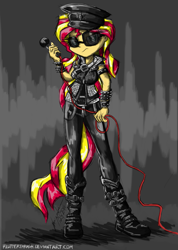 Size: 781x1100 | Tagged: safe, artist:flutterthrash, character:sunset shimmer, equestria girls:rainbow rocks, g4, my little pony: equestria girls, my little pony:equestria girls, heavy metal, judas priest, leather, metal, metal as fuck, microphone, rob halford, rock, spikes