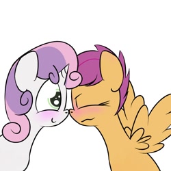 Size: 650x650 | Tagged: safe, artist:kryptchild, character:scootaloo, character:sweetie belle, species:pegasus, species:pony, ship:scootabelle, blushing, female, lesbian, shipping, wingboner