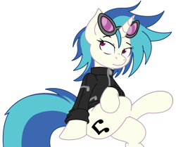 Size: 2114x1765 | Tagged: safe, artist:fluttershy750, artist:joey darkmeat, character:dj pon-3, character:vinyl scratch, species:pony, species:unicorn, clothing, cutie mark, female, hooves, horn, jacket, mare, simple background, sitting, solo, sunglasses, transparent background, vector