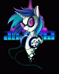 Size: 3193x4000 | Tagged: safe, artist:longinius, character:dj pon-3, character:vinyl scratch, species:pony, species:unicorn, female, headphones, horn, mare, mouth hold, portrait, smiling, solo, sunglasses, teeth