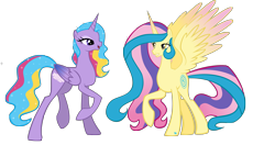 Size: 6208x3522 | Tagged: safe, artist:xebck, character:princess gold lily, character:princess sterling, species:alicorn, species:pony, absurd resolution, colored wings, duo, female, gradient wings, mare, raised hoof, simple background, spread wings, transparent background, wings