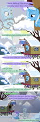 Size: 1200x3600 | Tagged: safe, artist:evil-dec0y, character:trixie, oc, oc:ghost, species:earth pony, species:pony, species:unicorn, comic:trixie vs., comic:trixie vs. hearth's warming, a christmas carol, book, chains, chest, comic, eyes closed, female, floating, frown, ghost, glare, key, leaning, lock, mare, open mouth, raised eyebrow, sitting, snow, snowfall, trixie's wagon, wagon, weight, wide eyes
