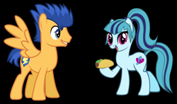 Size: 1024x604 | Tagged: safe, artist:themexicanpunisher, character:flash sentry, character:sonata dusk, ponified, senata, shipping, taco