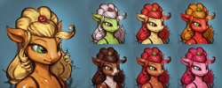 Size: 4500x1800 | Tagged: safe, artist:assasinmonkey, character:apple bloom, character:applejack, character:babs seed, character:big mcintosh, character:granny smith, character:pinkie pie, character:winona, species:anthro, absurd resolution, alternate hairstyle, apple family, applejewel, macareina, older, ponified, recolor, rule 63, younger