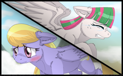 Size: 900x563 | Tagged: safe, artist:inuhoshi-to-darkpen, character:blossomforth, character:cloud kicker, species:pegasus, species:pony, fanfic:the life and times of a winning pony, winningverse, blushing, crying, fanfic, fanfic art, sad, split screen