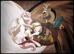 Size: 1024x744 | Tagged: safe, artist:inuhoshi-to-darkpen, character:discord, character:princess celestia, ship:dislestia, female, male, pink-mane celestia, shipping, straight, young, young celestia, younger