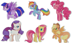 Size: 1800x1000 | Tagged: dead source, safe, artist:loyaldis, character:applejack, character:fluttershy, character:pinkie pie, character:rainbow dash, character:rarity, character:twilight sparkle, species:earth pony, species:pegasus, species:pony, species:unicorn, earth pony rainbow dash, earth pony rarity, flapplejack, hilarious in hindsight, mane six, pegasus twilight sparkle, race swap, unicorn fluttershy, unicorn pinkie pie
