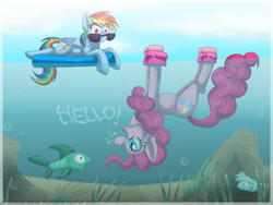 Size: 800x600 | Tagged: safe, artist:inuhoshi-to-darkpen, character:lyra heartstrings, character:pinkie pie, character:rainbow dash, species:sea pony, fish, seapony lyra, sunglasses, underwater