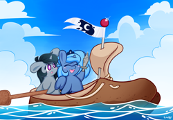 Size: 1330x920 | Tagged: safe, artist:dsp2003, character:princess luna, oc, oc:coldfront, species:pony, species:unicorn, :o, blushing, boat, characters inside shoes, chibi, cute, eyes closed, female, filly, happy, lunabetes, oar, ocean, open mouth, s1 luna, shoes, smiling, style emulation, sword, woona