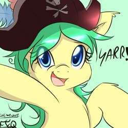 Size: 2000x2000 | Tagged: safe, artist:freefraq, oc, oc only, oc:chantie note, clothing, cute, fluffy, hat, looking at you, open mouth, pirate, pirate hat, smiling, solo