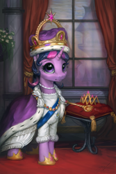 Size: 800x1200 | Tagged: safe, artist:assasinmonkey, character:twilight sparkle, character:twilight sparkle (alicorn), species:alicorn, species:pony, alternate hairstyle, au:eqcl, clothing, crown, cute, detailed, ermine, female, jewelry, looking at you, mare, new crown, regalia, sash, scepter, smiling, solo, tiara