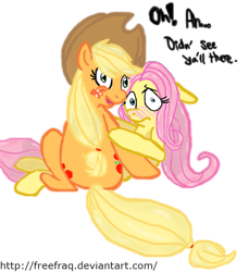 Size: 855x935 | Tagged: safe, artist:enigmaticfrustration, artist:freefraq, character:applejack, character:fluttershy, ship:appleshy, blushing, caught, colored, embarrassed, female, lesbian, shipping