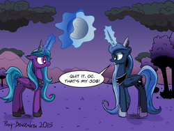 Size: 2756x2067 | Tagged: safe, artist:pony-berserker, character:princess luna, oc, species:alicorn, species:pony, g4, alicorn oc, clothing, cloud, crown, dialogue, female, glowing horn, hoof shoes, horn, jewelry, looking at each other, magic, magic aura, mare, moon, necklace, open mouth, peytral, profile, regalia, shoes, signature, speech bubble, text