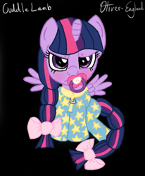 Size: 551x669 | Tagged: safe, artist:cuddlelamb, artist:oliver-england, character:twilight sparkle, character:twilight sparkle (alicorn), species:alicorn, species:pony, age regression, black background, bow, clothing, female, filly, footed sleeper, mare, pacifier, pajamas, simple background, solo, unamused
