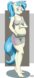 Size: 853x1920 | Tagged: safe, artist:strangerdanger, character:allie way, species:anthro, species:plantigrade anthro, species:pony, species:unicorn, g4, barefoot, belly, big belly, bra, clothing, commission, feet, horn, looking at you, pregnant, shorts, smiling, solo, sports bra, toes, underwear