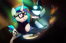Size: 5175x3375 | Tagged: safe, artist:drawponies, character:dj pon-3, character:octavia melody, character:vinyl scratch, ship:scratchtavia, deadmau5, female, lesbian, shipping, skrillex