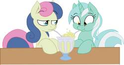 Size: 3251x1701 | Tagged: safe, artist:fluttershy750, artist:joey darkmeat, character:bon bon, character:lyra heartstrings, character:sweetie drops, blowing bubbles, bon bon is not amused, bubble, milkshake, puffy cheeks, sharing a drink, simple background, transparent background