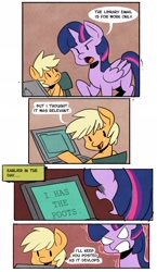 Size: 1114x1920 | Tagged: safe, artist:fauxsquared, character:applejack, character:twilight sparkle, character:twilight sparkle (alicorn), species:alicorn, species:earth pony, species:pony, angry, annoyed, chair, comic, computer, dialogue, duo, e-mail, english, female, filly, laptop computer, library, mare, pc, pearjack, sitting, speech bubble, standing