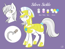 Size: 1280x960 | Tagged: safe, artist:meggchan, oc, oc only, oc:silver sickle, armor, color palette, reference sheet, royal guard, scar, solo