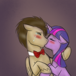 Size: 750x750 | Tagged: safe, artist:jitterbugjive, character:doctor whooves, character:time turner, character:twilight sparkle, species:pegasus, species:pony, species:unicorn, bow tie, doctwi, female, kissing, love, male, mare, shipping, stallion, straight, tumblr, unshorn fetlocks