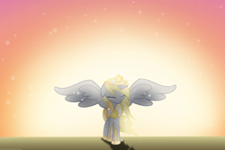 Size: 2328x1552 | Tagged: safe, artist:xebck, character:derpy hooves, species:alicorn, species:pony, armor, backlighting, derpicorn, eyes closed, female, race swap, solo, sunset, vector, xk-class end-of-the-world scenario