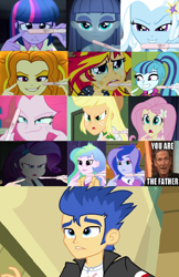 Size: 960x1484 | Tagged: safe, artist:themexicanpunisher, character:adagio dazzle, character:applejack, character:flash sentry, character:fluttershy, character:maud pie, character:pinkie pie, character:princess celestia, character:princess luna, character:principal celestia, character:rarity, character:sonata dusk, character:sunset shimmer, character:trixie, character:twilight sparkle, character:twilight sparkle (alicorn), character:vice principal luna, species:alicorn, ship:flashagio, ship:flashimmer, ship:flashlestia, ship:flashlight, ship:lunasentry, my little pony:equestria girls, exploitable meme, female, flash sentry gets all the mares, flashjack, flutterflash, harem, male, mare magnet, maudsentry, maury povich, meme, pinkiesentry, pregnancy test, pregnancy test meme, senata, sentrity, sentrixie, shipping, straight, vice principal luna, waifu thief